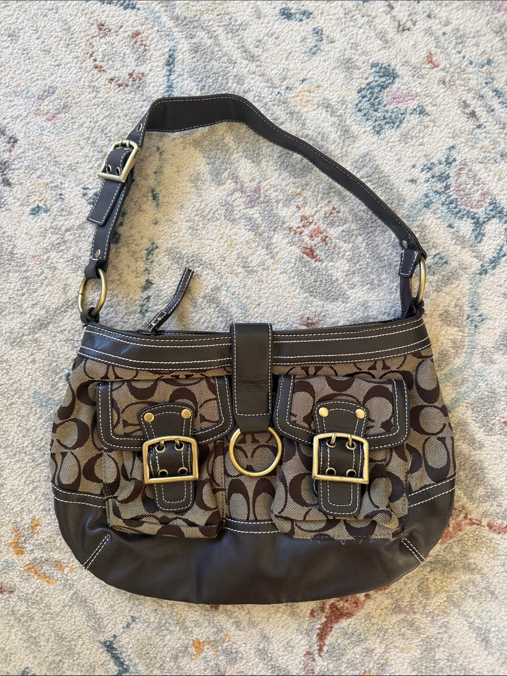 Coach Brown Signature Canvas and Leather Hobo with Gold Hardware